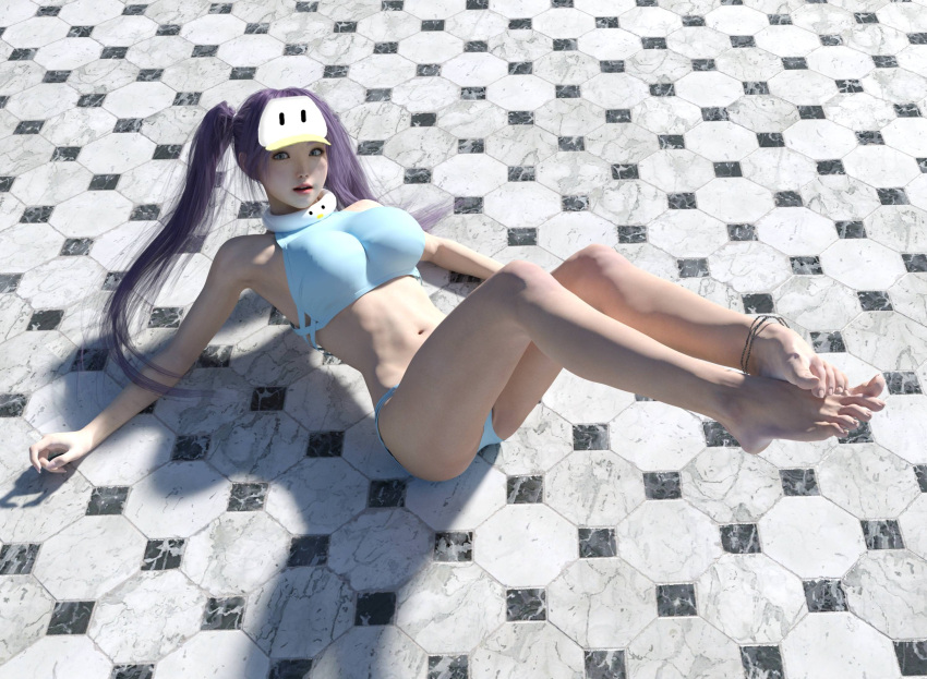1girl 3d anklet bare_legs barefoot blue_eyes feet highres jewelry leg_up legs looking_at_viewer lying muloli on_back purple_hair realistic short_shorts shorts tank_top visor_cap