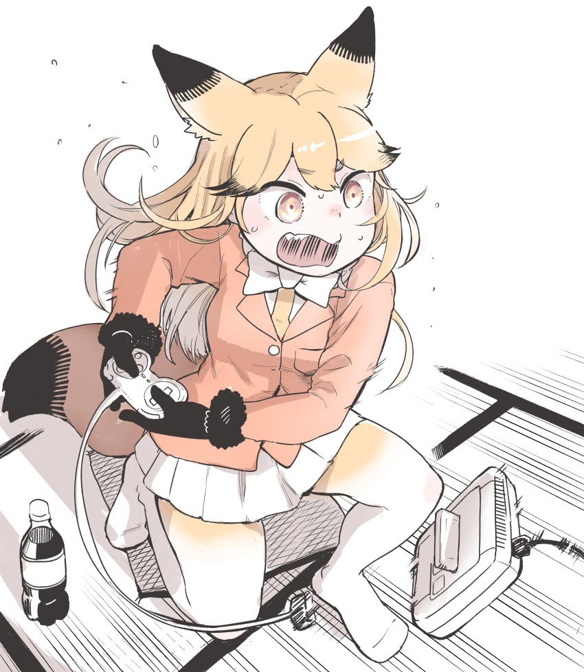 1girl absurdres animal_ears bow bowtie coat commentary_request controller distress eyebrows_visible_through_hair ezo_red_fox_(kemono_friends) fangs flying_sweatdrops fox_ears fox_tail fur_trim game_console game_controller gloves gradient_legwear hare_(tetterutei) highres kemono_friends long_hair long_sleeves multicolored_hair necktie no_shoes one_knee open_mouth orange_eyes orange_hair orange_legwear pantyhose pleated_skirt skirt soda_bottle solo sweatdrop tail white_hair white_legwear