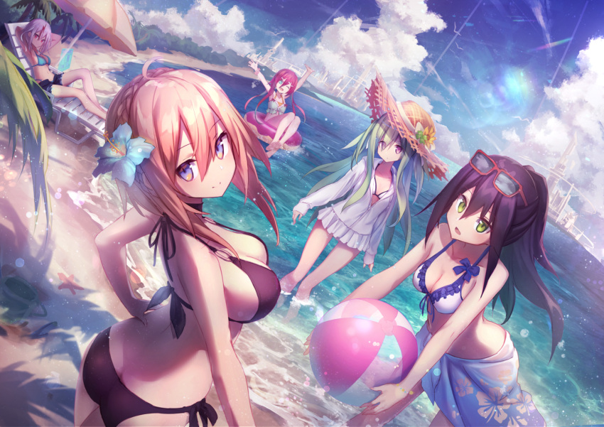 5girls afloat ahoge arms_behind_head arms_up ass bangs barefoot beach beach_umbrella bikini bird black_bikini black_hair blue_bikini blue_eyes blue_flower blue_sky braid breasts building butt_crack chair cleavage closed_mouth clouds collarbone crown_braid day denim denim_shorts eyebrows_visible_through_hair eyewear_on_head floral_print flower frilled_bikini frills green_eyes green_hair groin hair_flower hair_ornament hairclip hand_on_hip hat head_tilt holding_beachball hood hoodie large_breasts leaning_forward liebe light_particles long_hair lounge_chair lying medium_breasts multiple_girls navel o-ring o-ring_top ocean one_eye_closed open_clothes open_fly open_mouth open_shorts original outdoors palm_tree ponytail red-framed_eyewear red_eyes redhead revision sand sarong shorts side-tie_bikini sidelocks silver_hair sky small_breasts smile splashing starfish stomach straw_hat sun_hat sunglasses swimsuit tree umbrella very_long_hair violet_eyes wading waves white_bikini