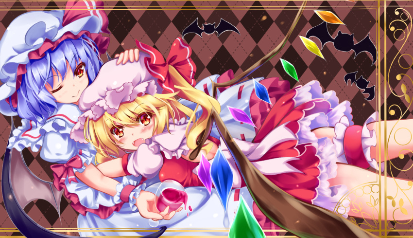 2girls alcohol argyle argyle_background arm_ribbon bat bat_wings between_fingers blonde_hair blouse blue_hair blush border bow brown_background crystal cup drinking_glass eyebrows_visible_through_hair fangs flandre_scarlet garters hair_between_eyes hand_on_another's_head hat hat_ribbon highres hug looking_at_another looking_at_viewer lying lying_on_person mob_cap multiple_girls one_eye_closed open_mouth petticoat puffy_short_sleeves puffy_sleeves red_eyes red_skirt red_vest remilia_scarlet ribbon short_hair short_sleeves siblings side_ponytail sisters skirt slit_pupils smile spilling touhou unory vest white_blouse white_bow white_skirt wine wine_glass wings wrist_cuffs yellow_border