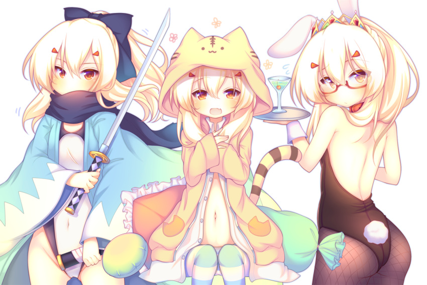 1girl :d alternate_costume animal_ears animal_hood ayanami_(azur_lane) azur_lane bangs bare_shoulders bespectacled black_bow black_scarf blonde_hair blush bow brown_eyes brown_legwear brown_leotard bunny_girl bunny_tail bunnysuit casual_one-piece_swimsuit cocktail_glass commentary_request cosplay covered_mouth covered_navel cup drink drinking_glass eyebrows_visible_through_hair fang fate/grand_order fate_(series) fingernails fishnet_pantyhose fishnets flying_sweatdrops glasses hair_between_eyes hair_bow hair_ornament hairclip haori holding holding_sword holding_tray holding_weapon hood jacket japanese_clothes katana koha-ace leotard long_hair long_sleeves looking_at_viewer multiple_views okita_souji_(fate) okita_souji_(fate)_(all) okita_souji_(fate)_(cosplay) one-piece_swimsuit open_clothes open_jacket open_mouth open_shirt pantyhose ponytail rabbit_ears red-framed_eyewear sakurato_ototo_shizuku scarf sheath shirt simple_background sleeves_past_wrists smile strapless strapless_leotard striped striped_legwear striped_tail swimsuit sword tail thigh-highs tiara tiger_ears tiger_hood tiger_tail tray unsheathed weapon white_background white_shirt white_swimsuit wide_sleeves yellow_jacket