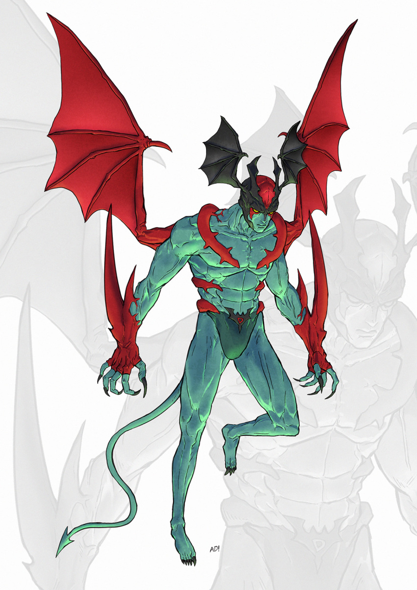 1boy adi_(adivider) bat_wings claws demon demon_horns demon_tail demon_wings devilman devilman_(character) fingernails fudou_akira green_skin head_wings highres horns long_fingernails red_eyes red_wings solo tail wings