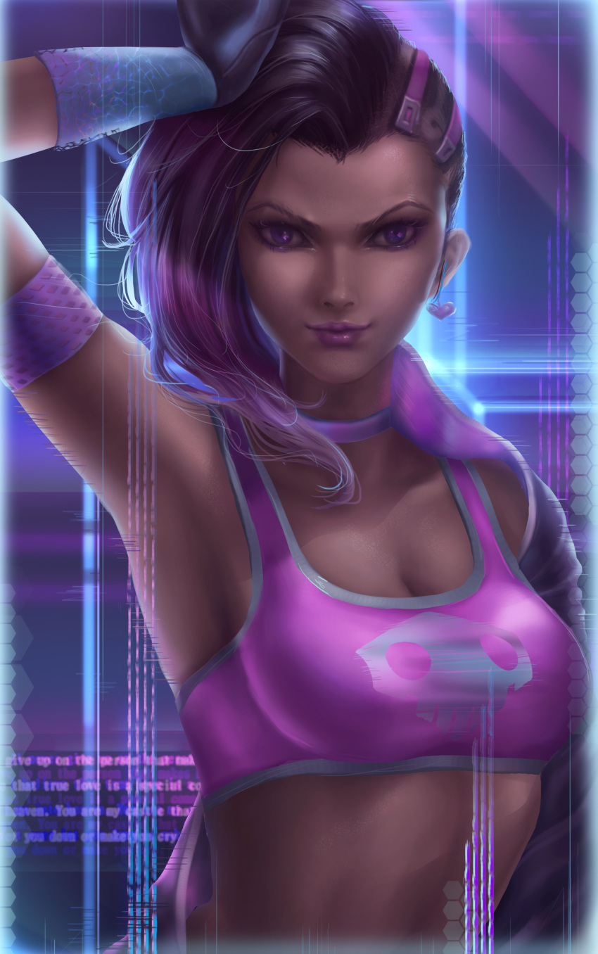 1girl absurdres armband asymmetrical_hair breasts choker cleavage dark_skin eyelashes eyeliner heart highres hongagany light_smile lipstick looking_at_viewer makeup medium_breasts midriff nose overwatch purple_lips purple_lipstick skull_print solo sombra_(overwatch) sports_bra undercut