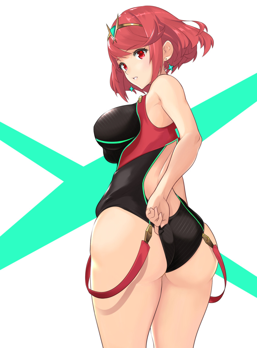 1girl ass bangs breasts competition_swimsuit cowboy_shot dollinger earrings eyebrows_visible_through_hair from_behind highres pyra_(xenoblade) jewelry large_breasts looking_back nintendo one-piece_swimsuit parted_lips red_eyes redhead short_hair solo swept_bangs swimsuit swimsuit_pull thighs tiara xenoblade_(series) xenoblade_2