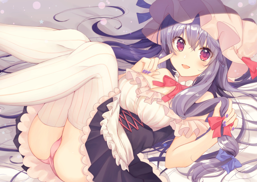1girl :d absurdres apron ass bangs bed_sheet black_skirt blue_bow blue_ribbon blush bow bowtie breasts cleavage commentary_request eyebrows_visible_through_hair feet_out_of_frame frilled_apron frilled_shirt frills hair_between_eyes hair_bow hat hat_ribbon highres holding holding_hair index_finger_raised large_breasts legs_up lens_flare long_hair looking_at_viewer lying mob_cap nail_polish nenobi_(nenorium) off-shoulder_shirt off_shoulder on_back open_mouth panties patchouli_knowledge petticoat pink_eyes pink_hat pink_panties purple_hair purple_nails red_bow red_neckwear red_ribbon ribbon shirt single_sidelock skirt smile solo thigh-highs thighs touhou underwear waist_apron white_apron white_legwear