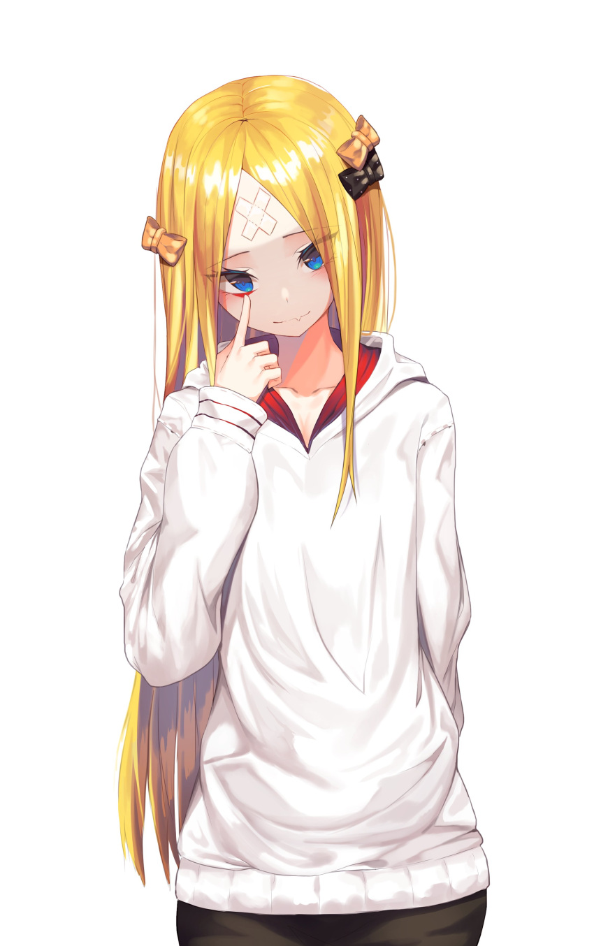 1girl abigail_williams_(fate/grand_order) absurdres artist_request bandaid_on_forehead bangs black_bow black_panties blonde_hair blue_eyes blush bow closed_mouth fang fate/grand_order fate_(series) forehead hair_bow highres hood hoodie long_hair looking_at_viewer orange_bow panties parted_bangs polka_dot polka_dot_bow simple_background smile solo sweater underwear white_background white_sweater