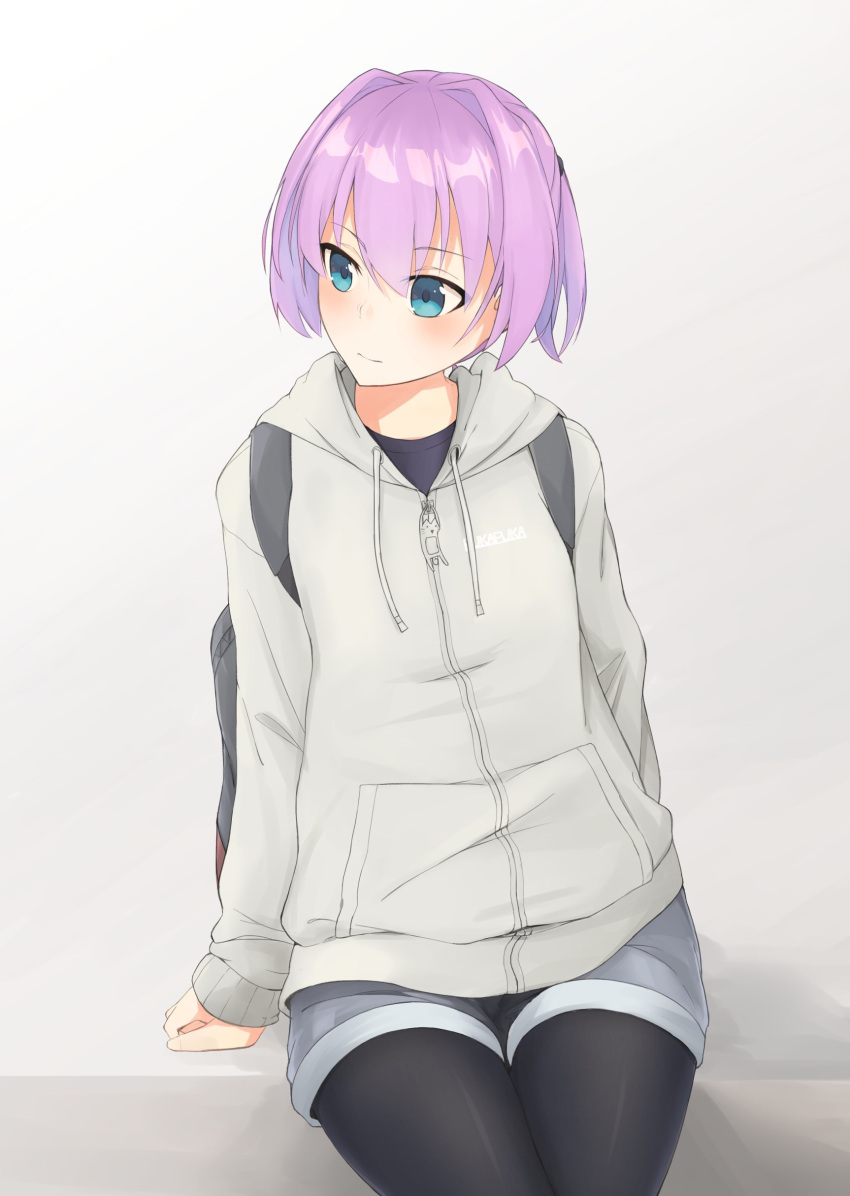 1girl absurdres alternate_costume backpack bag black_legwear black_shirt blue_eyes grey_sweater highres kantai_collection kumanoko looking_to_the_side pantyhose pink_hair ponytail shiranui_(kantai_collection) shirt shorts simple_background sitting smile solo sweater undershirt white_background