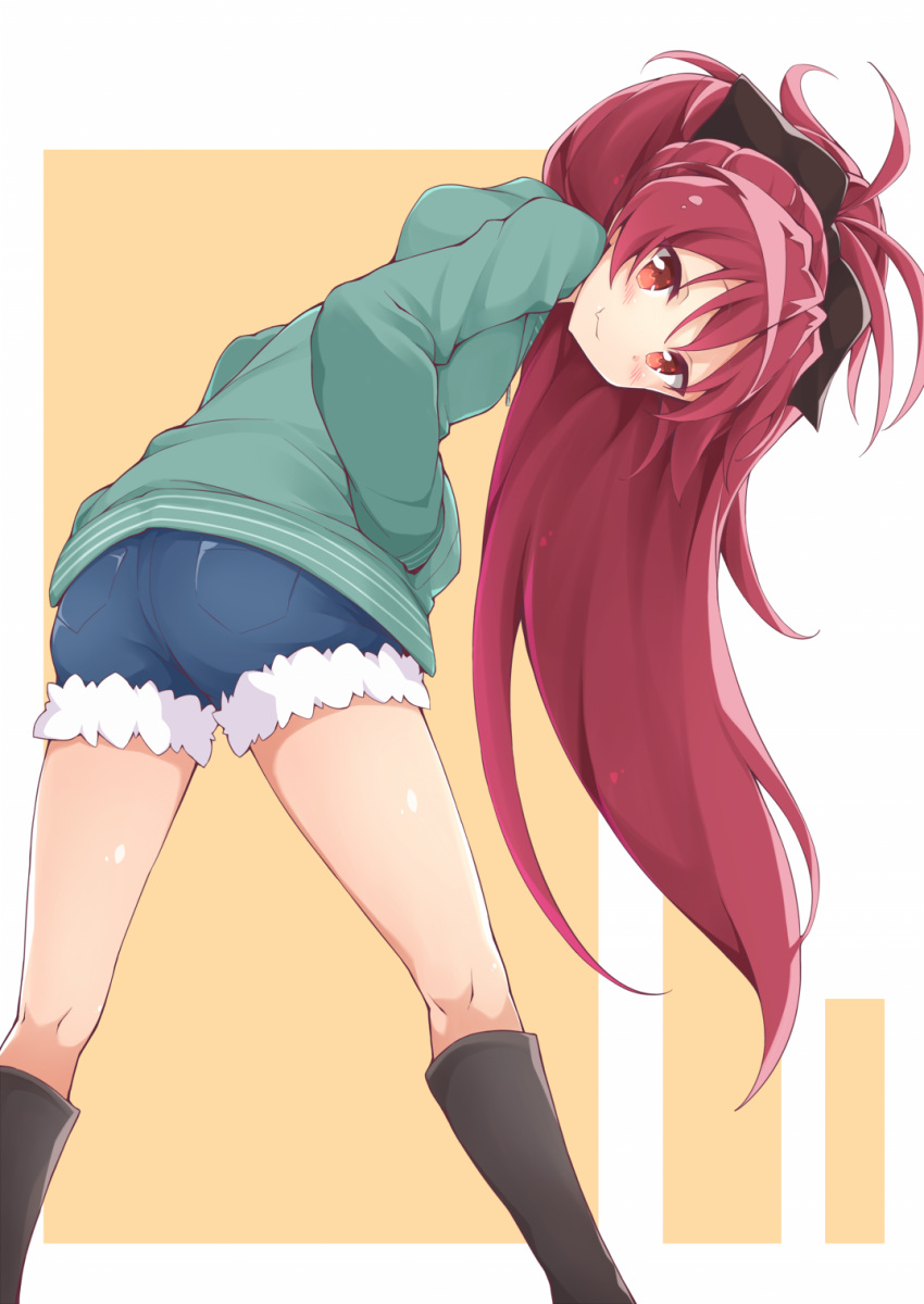 1girl black_bow black_footwear boots bow closed_mouth commentary_request denim denim_shorts fang from_behind green_jacket hair_bow hands_in_pockets highres jacket jampen long_hair looking_at_viewer mahou_shoujo_madoka_magica ponytail red_eyes redhead sakura_kyouko shorts smile solo standing