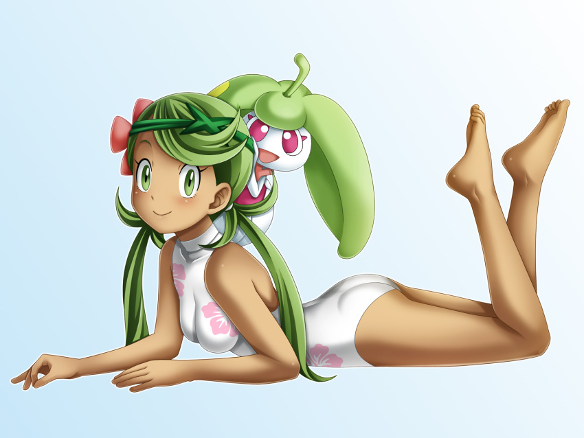 1girl ass bangs barefoot casual_one-piece_swimsuit creatures_(company) dark_skin floral_print flower full_body game_freak gen_7_pokemon green_eyes green_hair green_hairband grey_background hair_flower hair_ornament hairband highres long_hair lying mallow_(pokemon) nintendo on_stomach one-piece_swimsuit parted_bangs pokemon pokemon_(creature) pokemon_(game) pokemon_sm print_swimsuit red_flower soles solo steenee swimsuit tamamon the_pose twintails white_swimsuit