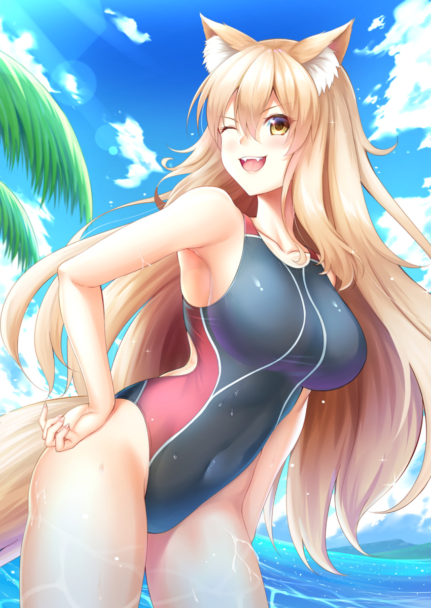 1girl :d animal_ear_fluff animal_ears arm_at_side bare_arms blonde_hair blue_sky breasts clouds commentary_request competition_swimsuit covered_navel day eyebrows_visible_through_hair eyes_visible_through_hair fangs fate/grand_order fate_(series) fox_ears hair_between_eyes hand_on_hip highres large_breasts leaning_forward legs_apart long_hair looking_at_viewer ocean one-piece_swimsuit open_mouth outdoors palm_tree sky smile solo standing sunlight suzuka_gozen_(fate) swimsuit tree very_long_hair water wet zuizhong