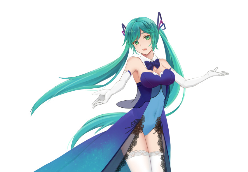 1girl aqua_hair bangs blue_bow blue_leotard bow bowtie breasts choker cleavage covered_navel elbow_gloves floating_hair gloves green_eyes grey_eyes hair_ribbon hatsune_miku highres leotard long_hair looking_at_viewer medium_breasts open_mouth outstretched_arms parted_bangs purple_ribbon qiye_luoying ribbon shiny shiny_hair simple_background solo standing strapless strapless_leotard thigh-highs very_long_hair vocaloid white_background white_gloves white_legwear