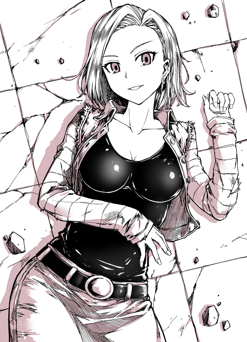 1girl a4typhoon android_18 bangs belt belt_buckle black_shirt breasts buckle cleavage collarbone commentary_request cowboy_shot denim denim_jacket denim_vest dragon_ball dragonball_z earrings eyelashes forehead highres jacket jeans jewelry long_sleeves looking_at_viewer lying medium_breasts monochrome on_back on_floor pants parted_bangs shirt short_hair smile solo striped_sleeves vest