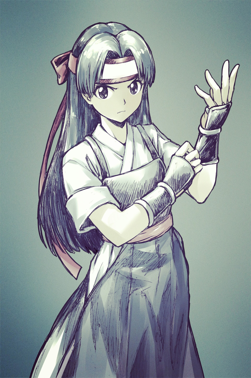 1girl a4typhoon absurdres arm_up bangs blue_eyes blue_hair commentary_request dougi fingerless_gloves gloves gradient gradient_background hakama headband highres japanese_clothes long_hair looking_at_viewer parted_bangs ryuuko_no_ken solo standing the_king_of_fighters toudou_kasumi v-shaped_eyebrows