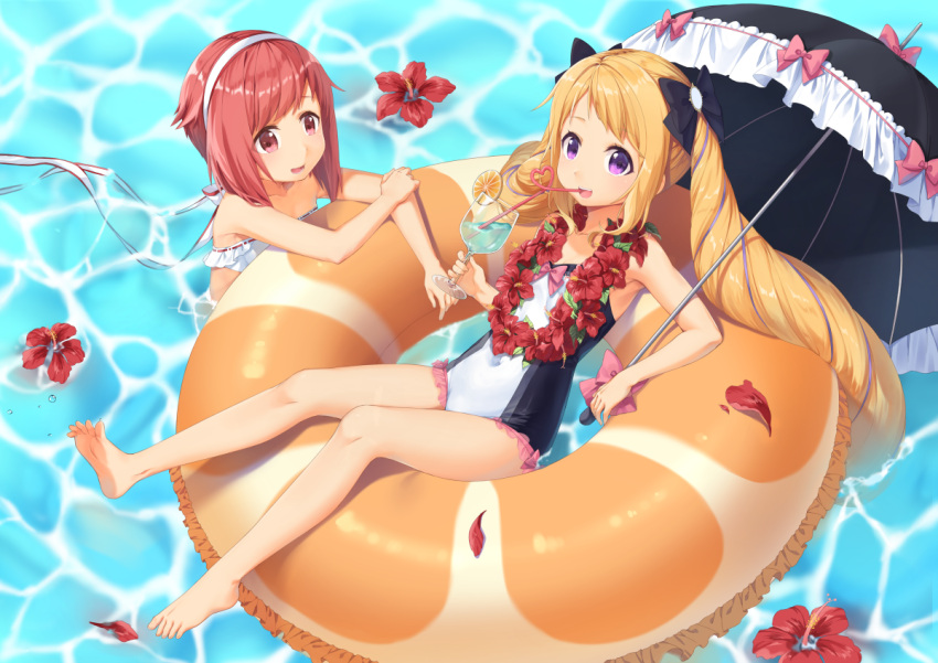 2girls :d bangs bare_arms bare_shoulders bikini black_bow black_umbrella blonde_hair bow casual_one-piece_swimsuit commentary_request covered_navel crazy_straw cup day drink drinking_glass drinking_straw elise_(fire_emblem_if) eyebrows_visible_through_hair fire_emblem fire_emblem_if flower flower_wreath frilled_innertube frilled_umbrella frills hair_bow hairband heart_straw holding holding_cup innertube long_hair multiple_girls nintendo one-piece_swimsuit open_mouth orange_innertube outdoors petals pink_bow red_eyes red_flower redhead sakura_(fire_emblem_if) smile swimsuit transistor twintails umbrella very_long_hair violet_eyes water white_bikini white_hairband