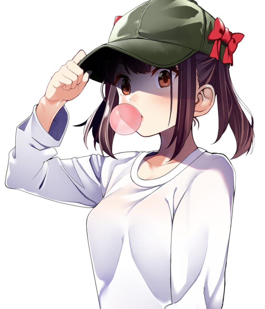 1girl bow brown_eyes brown_hair bubble_blowing byte_(allbyte) chewing_gum hat hat_tip highres long_sleeves original red_bow shirt solo t-shirt twintails white_shirt