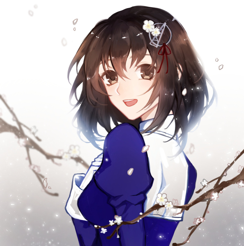 1girl :d blue_shirt brown_eyes brown_hair flower gloves gradient gradient_background grey_background haguro_(kantai_collection) hair_between_eyes hair_flower hair_ornament hair_ribbon highres kantai_collection kocona looking_at_viewer looking_back open_mouth red_ribbon ribbon shirt short_hair smile solo upper_body white_flower white_gloves