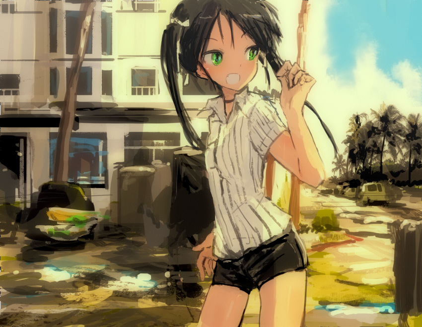 alternate_costume black_hair building car casual clouds contrapposto cowboy_shot desert fang flat_chest francesca_lucchini green_eyes ground_vehicle hand_up highres kabuyama_kaigi long_hair looking_to_the_side motor_vehicle open_mouth palm_tree short_shorts shorts sketch sky strike_witches tree twintails world_witches_series