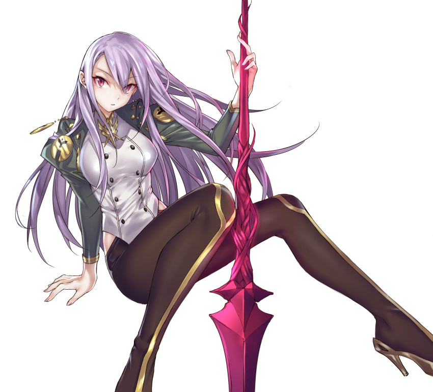 1girl absurdres breasts brown_legwear day high_heels highres holding jacket juliet_sleeves large_breasts long_hair long_sleeves looking_at_viewer maruchi open_clothes open_jacket open_mouth original pants pantyhose polearm puffy_sleeves purple_hair red_eyes simple_background sitting sky spear sword weapon white_background