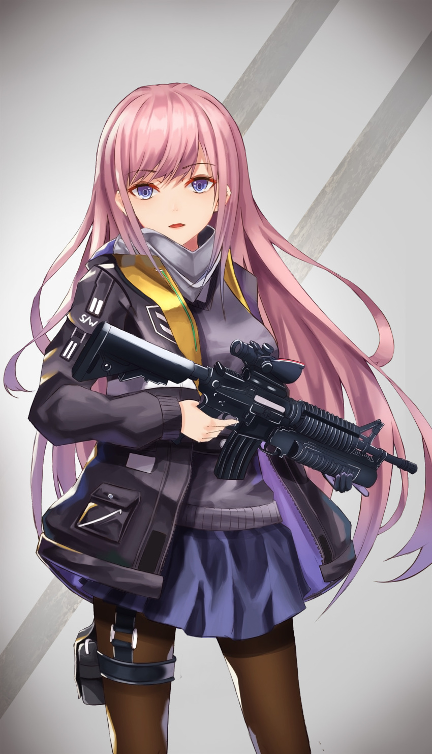 1girl assault_rifle bangs black_gloves black_legwear blue_skirt blush breasts collar cup6542 garter_belt gloves gradient gradient_background grey_background gun hair_between_eyes highres holding holding_gun holding_weapon jacket long_hair long_sleeves looking_at_viewer open_clothes open_jacket original pantyhose parted_lips pink_hair pleated_skirt purple_hair ribbon rifle single_glove skirt solo standing strap sweater thighs very_long_hair weapon