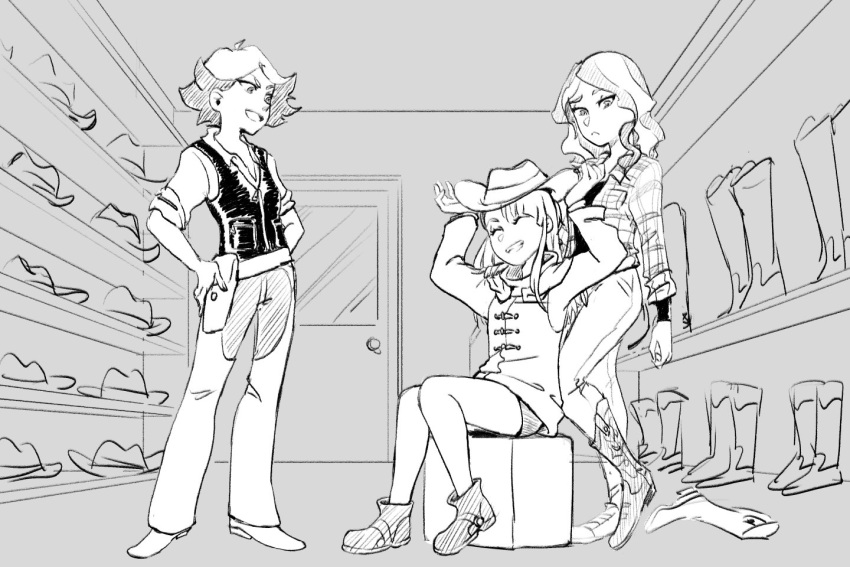 3girls amanda_o'neill boots closed_eyes cowboy_boots cowboy_hat diana_cavendish door grin hat holster kagari_atsuko little_witch_academia multiple_girls rack shopping sketch sleeveless smile teires_(teir3s)
