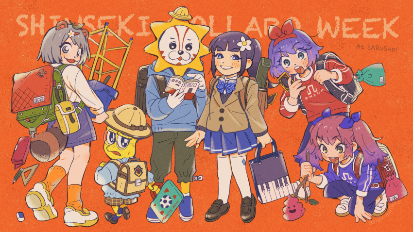 2boys 4girls :3 :o aged_down alternate_costume animal_ears animal_nose aoi_ch. aonori_maeba backpack bag black_bag black_eyes blazer blue_bow blue_bowtie blue_eyes blue_hoodie blue_shirt blue_skirt blunt_bangs blush book bow bowtie briefcase brown_jacket card child colored_skin colored_tips eraser flower flower_pot fuji_aoi glasses grey_eyes grey_hair grin hair_bow hair_flower hair_ornament hairband half-closed_eyes hat heel_up highres holding holding_bag holding_book holding_card holding_flower_pot holding_stick hood hood_down hoodie instrument_case jacket kikunojo_(fuji_aoi) kindergarten_uniform leaf leaf_on_head loafers long_hair long_sleeves looking_back mini_hat mode_aim mole mole_under_eye multicolored_hair multiple_boys multiple_girls multiple_hair_bows omega_rei omega_rio omega_sisters on_one_knee open_bag open_mouth orange_background orange_socks pants peanuts-kun pencil pencil_case plaid plaid_shorts pleated_skirt poking ponpoko_(vtuber) ponytail poop purple_bow purple_hair purple_pants purple_shirt purple_skirt raccoon_ears raccoon_girl raccoon_tail randoseru reading red_bag red_bow red_hairband red_shirt round_eyewear school_briefcase school_hat school_uniform shirt shoes short_hair shorts siblings simple_background sisters skirt smile sneakers socks spilling standing stick striped_bow striped_bowtie striped_clothes tail thigh-highs trading_card trellis twintails white_shirt white_thighhighs wide-eyed yellow_skin yu-gi-oh!