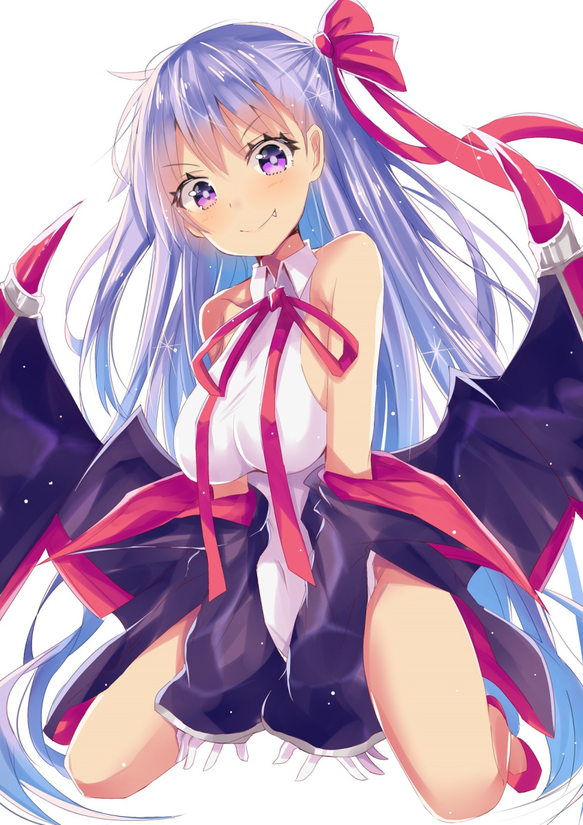 1girl bangs bare_shoulders bat_wings bb_(fate)_(all) bb_(swimsuit_mooncancer)_(fate) between_legs black_jacket black_wings blush bow breasts casual_one-piece_swimsuit closed_mouth commentary_request covered_navel eyebrows_visible_through_hair fang fang_out fate/grand_order fate_(series) gloves hair_between_eyes hair_bow hand_between_legs head_tilt highres hizaka jacket kneeling large_breasts long_hair long_sleeves off_shoulder one-piece_swimsuit purple_hair red_bow red_footwear red_ribbon ribbon shoes simple_background sleeves_past_wrists smile solo swimsuit very_long_hair violet_eyes white_background white_gloves white_swimsuit wide_sleeves wings