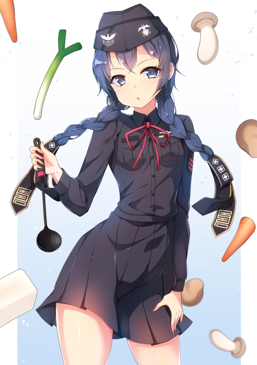 1girl blue_eyes blue_hair braid copyright_request dress hat highres looking_at_viewer military military_uniform mushroom pleated_dress ripe.c solo spring_onion twin_braids uniform