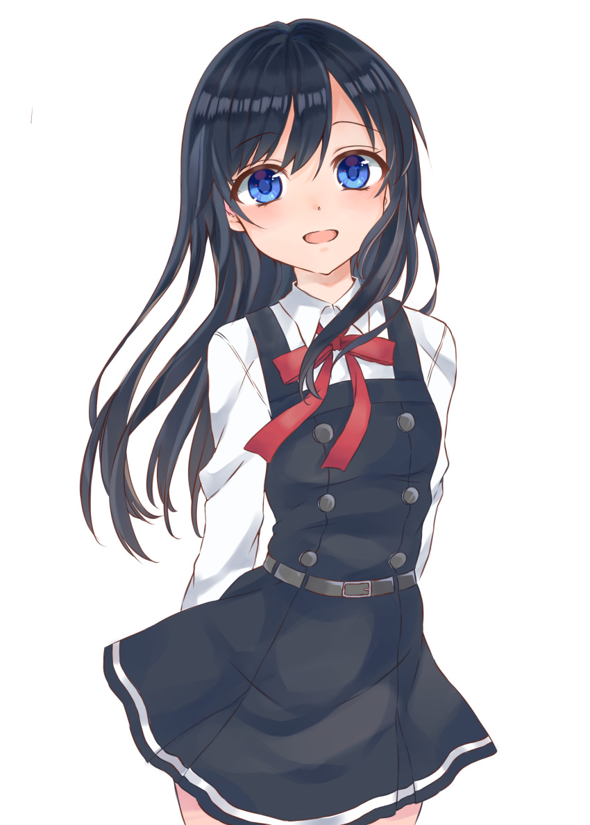 1girl absurdres arms_behind_back asashio_(kantai_collection) belt black_hair blue_eyes dress highres kantai_collection long_hair open_mouth pinafore_dress school_uniform shirt simple_background smile solo white_background white_shirt