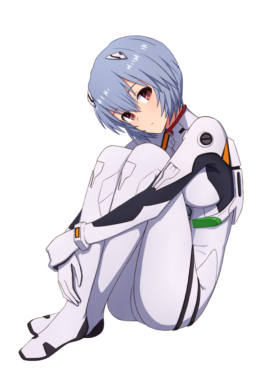 1girl ayanami_rei blue_hair expressionless full_body highres leg_hug looking_at_viewer neon_genesis_evangelion plugsuit red_eyes short_hair simple_background solo white_background yahiro_(epicopeiidae)