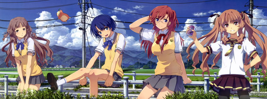 4girls absurdres ano_natsu_de_matteru blue_eyes blue_hair breasts brown_eyes brown_hair can clouds day drink glasses green_eyes hand_on_hip highres huge_filesize incredibly_absurdres kitahara_mio large_breasts legs long_hair megami multiple_girls official_art pantyhose power_lines ribbon rinon_(ano_natsu_de_matteru) school_uniform serafuku short_hair skirt sky smile socks sweater_vest takatsuki_ichika tanigawa_kanna thigh-highs twintails uon_taraku yamano_remon