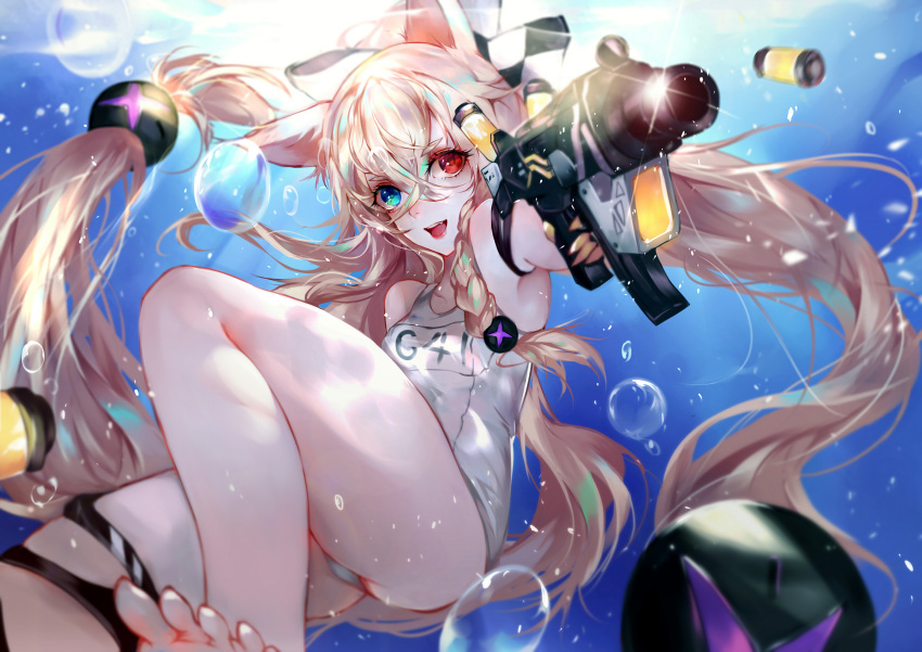 1girl animal_ears armband armpits backlighting bare_shoulders barefoot blonde_hair bubble fox_ears g41_(girls_frontline) girls_frontline gun h&amp;k_g41 hair_between_eyes hair_ornament hair_ribbon heterochromia highres long_hair low-tied_long_hair name_tag one-piece_swimsuit open_mouth revision ribbon school_swimsuit solo swimsuit thigh_strap toes vardan water weapon white_school_swimsuit white_swimsuit