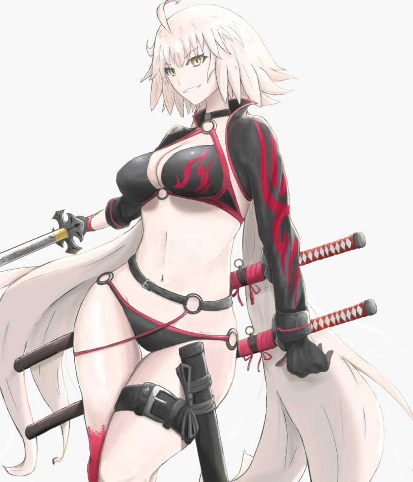 1girl ahoge bikini black_bikini black_choker black_gloves black_jacket breasts choker cleavage collarbone commentary_request cropped_jacket dance-in-the-dark fate/grand_order fate_(series) gloves hair_between_eyes highres holding holding_sword holding_weapon jacket jeanne_d'arc_(alter_swimsuit_berserker) jeanne_d'arc_(fate)_(all) katana large_breasts long_hair o-ring o-ring_bikini o-ring_bottom o-ring_top red_legwear shrug_(clothing) simple_background single_thighhigh solo swimsuit sword thigh-highs thigh_strap waist weapon yellow_eyes