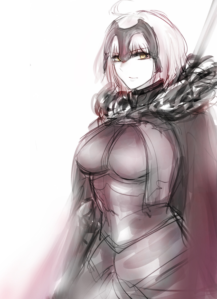 1girl ahoge armor breasts cape closed_mouth eyebrows_visible_through_hair fate/grand_order fate_(series) fur_trim highres hometa jeanne_d'arc_(alter)_(fate) jeanne_d'arc_(fate)_(all) large_breasts looking_at_viewer pale_skin short_hair simple_background sketch smile solo standing white_background yellow_eyes