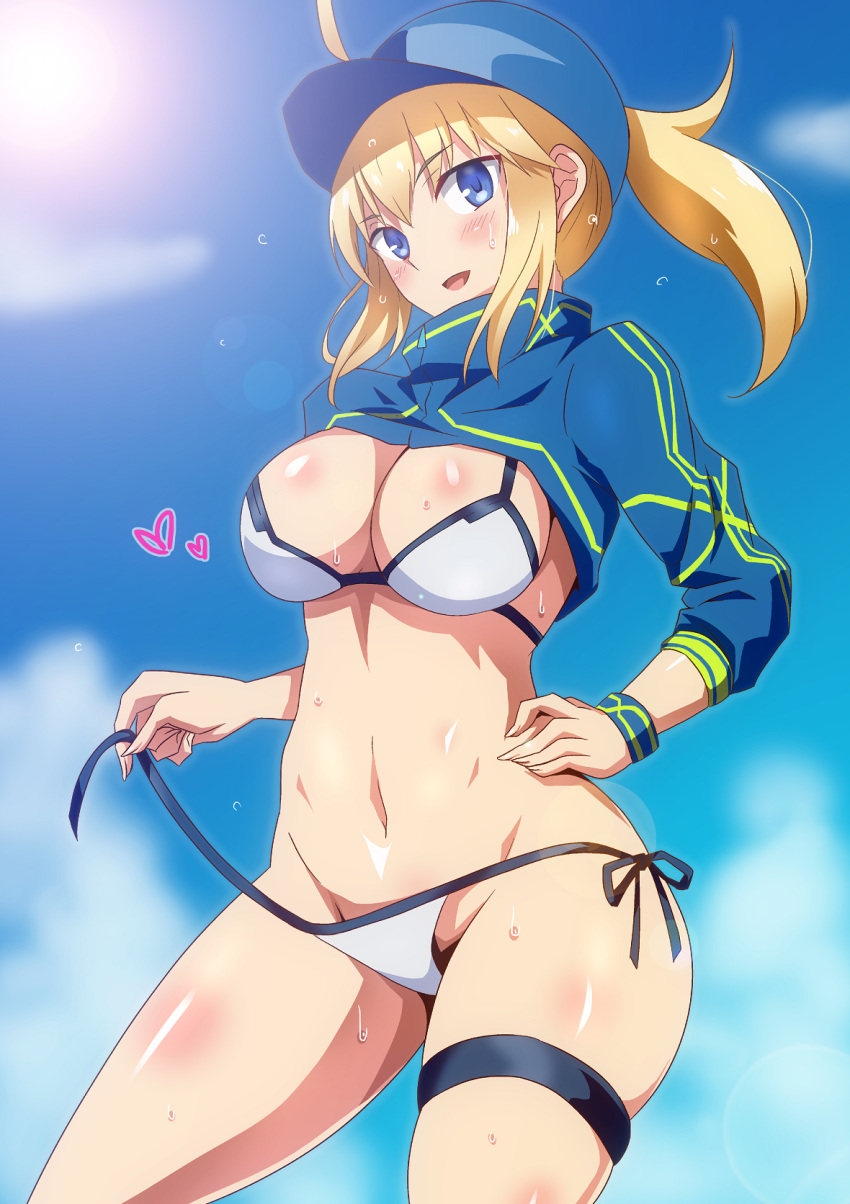 1girl ahoge artoria_pendragon_(all) bangs baseball_cap bikini blonde_hair blue_eyes blue_hat blue_sky blush breasts cleavage fate/grand_order fate_(series) hair_between_eyes hand_on_hip hat hera_(hara0742) highres hips large_breasts long_hair looking_at_viewer mysterious_heroine_xx_(foreigner) navel open_mouth ponytail shrug_(clothing) sky smile solo_focus sun sunlight swimsuit thighs untied_bikini_bottom waist white_bikini wristband