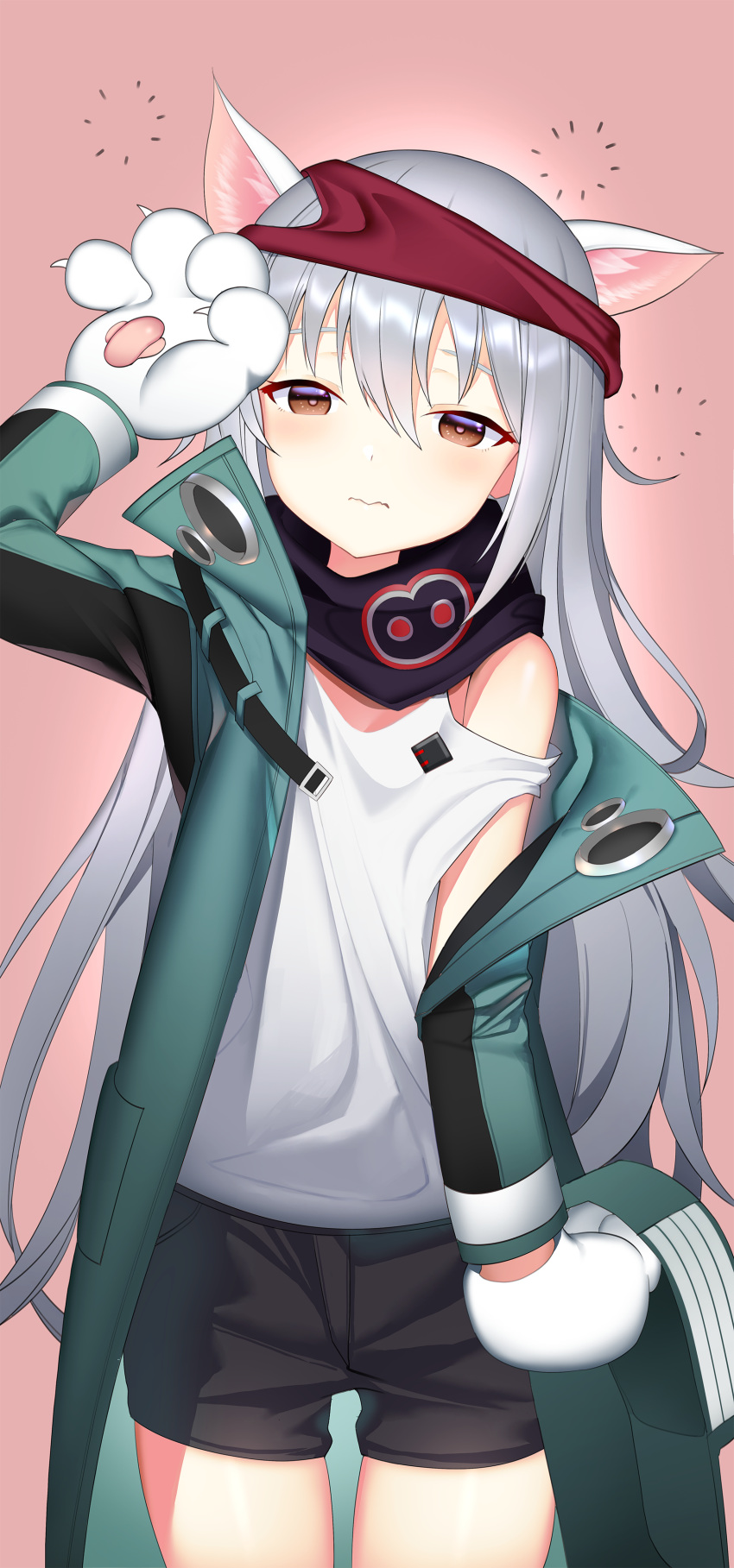 1girl absurdres animal_ears blush cat_ears cat_paws closed_mouth eyebrows_visible_through_hair g11_(girls_frontline) girls_frontline grey_hair highres long_hair looking_at_viewer paws red_background simple_background solo tttanggvl very_long_hair
