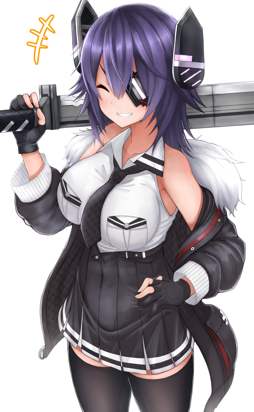1girl absurdres armpits bare_shoulders black_gloves black_legwear blush breasts checkered checkered_neckwear closed_eyes closed_mouth curvy eyepatch fingerless_gloves gloves headgear highres holding holding_weapon jacket kantai_collection large_breasts necktie plump purple_hair remodel_(kantai_collection) shirt short_hair simple_background sleeveless sleeveless_shirt smile solo standing sword tenryuu_(kantai_collection) thigh-highs tiemu_(man190) weapon white_background winter_clothes