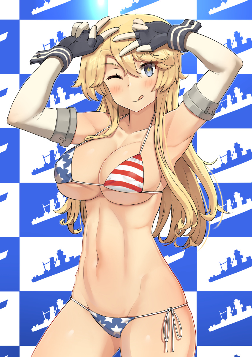 1girl ;q abs absurdres american_flag_bikini armpits bikini blonde_hair blue_background blue_eyes breasts checkered checkered_background closed_mouth collarbone elbow_gloves flag_print gloves highres iowa_(kantai_collection) kantai_collection large_breasts long_hair looking_at_viewer navel one_eye_closed revision side-tie_bikini skindentation smile solo soushou_nin star star-shaped_pupils step_and_repeat swimsuit symbol-shaped_pupils tongue tongue_out two-tone_background upper_body v white_background
