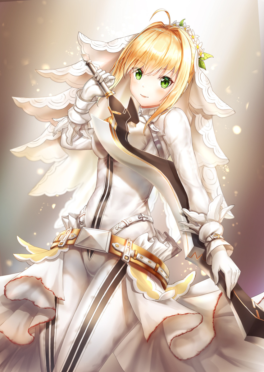 1girl aestus_estus bangs belt_buckle blonde_hair blush bodysuit breasts buckle closed_mouth commentary_request eyebrows_visible_through_hair fate/extra fate/extra_ccc fate_(series) flower gloves green_eyes groin hair_between_eyes hair_flower hair_intakes hair_ornament head_tilt highres holding holding_sword holding_weapon long_sleeves lunacle medium_breasts nero_claudius_(bride)_(fate) nero_claudius_(fate)_(all) saber_extra smile solo sword veil weapon white_bodysuit white_flower white_gloves
