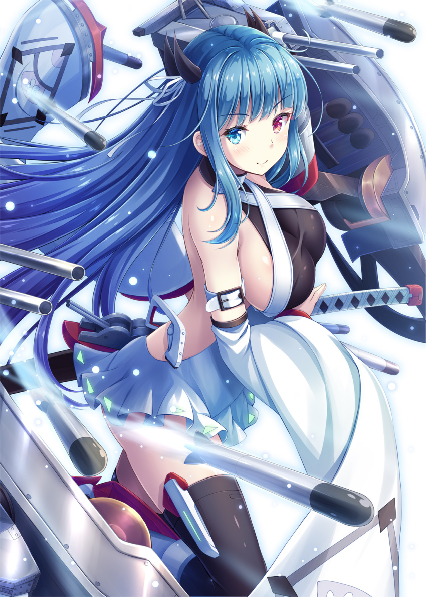 1girl akashio_(loli_ace) arm_belt azur_lane backless_dress backless_outfit bare_shoulders belt_buckle black_legwear blue_eyes blue_hair blush breasts buckle closed_mouth commentary_request detached_sleeves dress heterochromia highres ibuki_(azur_lane) katana large_breasts long_hair long_sleeves looking_at_viewer ready_to_draw red_eyes sheath sheathed sideboob skin_tight smile solo sword thigh-highs torpedo weapon white_belt white_dress wide_sleeves
