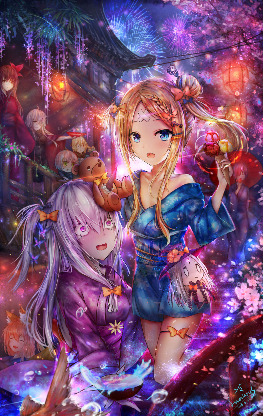 6+girls abigail_williams_(fate/grand_order) absurdres bandaid_on_forehead bangs bare_shoulders black_bow blonde_hair blue_eyes blue_kimono blush bow braid breasts butterfly_hair_ornament collarbone cup fang fate/apocrypha fate/extra fate/grand_order fate_(series) food forehead hair_bow hair_bun hair_ornament hairclip highres horn ice_cream ice_cream_cone jack_the_ripper_(fate/apocrypha) japanese_clothes jeanne_d'arc_(alter)_(fate) jeanne_d'arc_(fate)_(all) kimono koha-ace lavinia_whateley_(fate/grand_order) long_hair looking_at_viewer luminous mash_kyrielight multiple_girls obi off_shoulder okita_souji_(fate) okita_souji_(fate)_(all) open_mouth orange_bow pale_skin parted_bangs polka_dot polka_dot_bow purple_kimono riyo_(lyomsnpmp)_(style) sakazuki sash scathach_(fate)_(all) scathach_(fate/grand_order) side_ponytail silver_hair small_breasts smile stuffed_animal stuffed_toy tamamo_(fate)_(all) tamamo_no_mae_(fate) tearing_up teddy_bear thighs wavy_mouth wide-eyed yukata