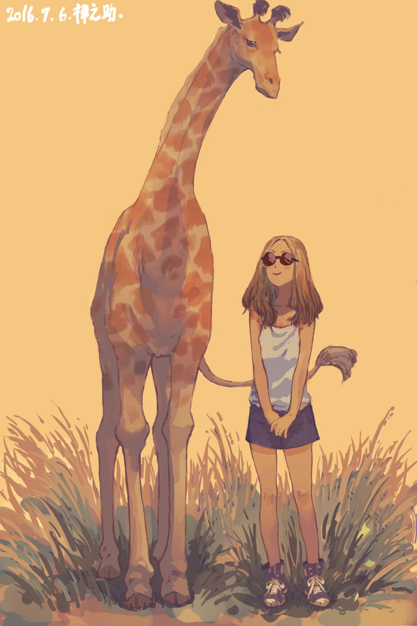 1girl absurdres animal ankle_boots bare_arms bare_shoulders blonde_hair blue_shorts blush boots camisole closed_mouth commentary_request dated giraffe grass highres long_hair original purple_footwear round_eyewear short_shorts shorts simple_background smile solo standing sunglasses v_arms white_camisole yellow_background zennosuke