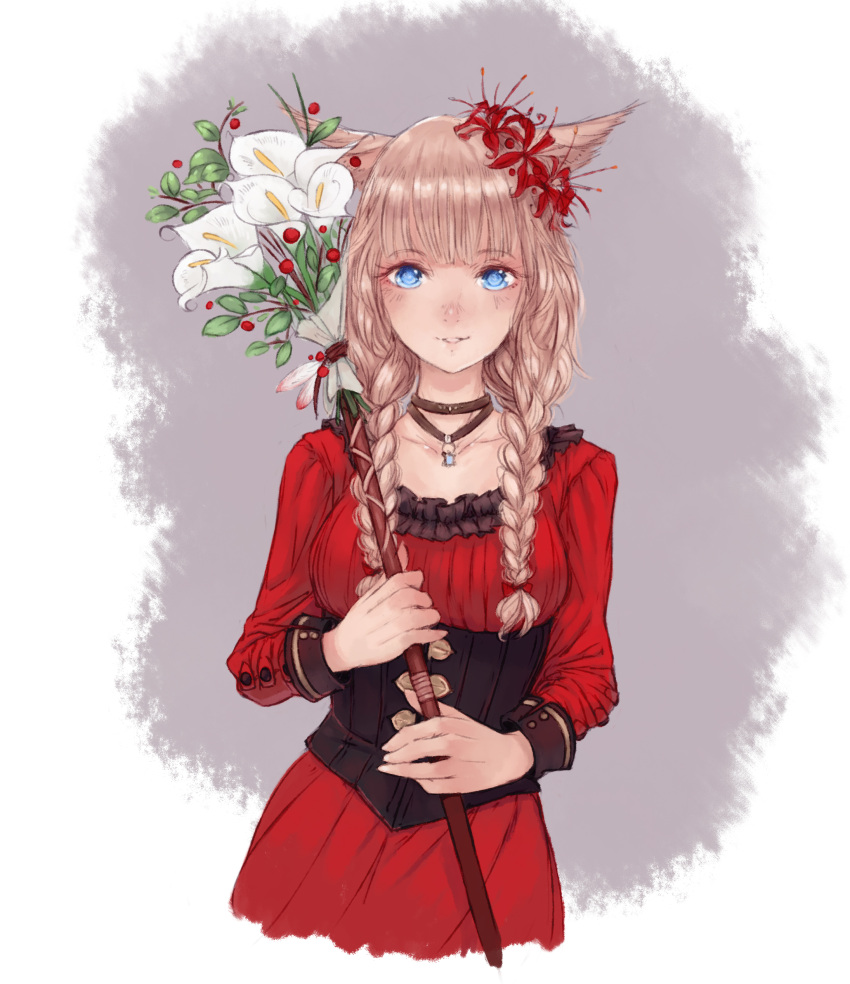 1girl absurdres animal_ears blonde_hair blue_eyes braid cat_ears choker corset demstouts dress eyebrows_visible_through_hair final_fantasy final_fantasy_xiv flower hair_flower hair_ornament highres holding long_hair looking_at_viewer miqo'te parted_lips red_dress simple_background smile solo staff twin_braids upper_body white_mage