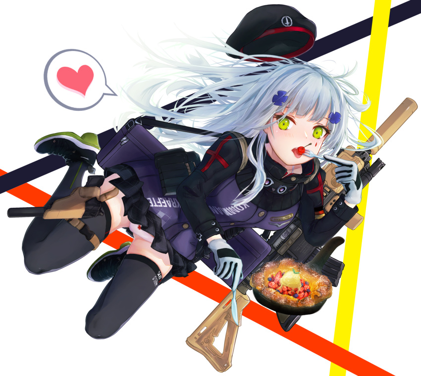 1girl assault_rifle bag bangs beret black_legwear blunt_bangs blush bow bow_panties breasts character_name clothes_writing eating eyebrows_visible_through_hair facial_mark floating floating_hair food fork full_body girls_frontline gloves green_eyes gun hair_ornament handgun hat hat_removed headwear_removed heart heckler_&amp;_koch highres hk416 hk416_(girls_frontline) holding holding_fork holding_knife holster holstered_weapon jacket knife long_hair looking_at_viewer magazine_(weapon) medium_breasts open_mouth panties pantyshot pistol plaid plaid_skirt pleated_skirt rifle shoes sidelocks silver_hair skirt sneakers solo spoken_heart strap teardrop thigh-highs thigh_holster thighs tofuto tongue tongue_out underwear upper_teeth very_long_hair weapon white_panties