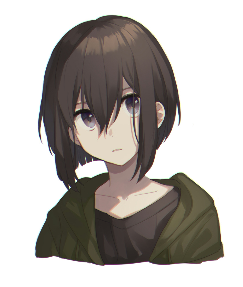 1other androgynous black_eyes black_hair black_shirt collarbone cropped_torso green_jacket hair_between_eyes highres hood hood_down hooded_jacket jacket original parted_lips shirt short_hair simple_background solo unapoppo upper_body white_background