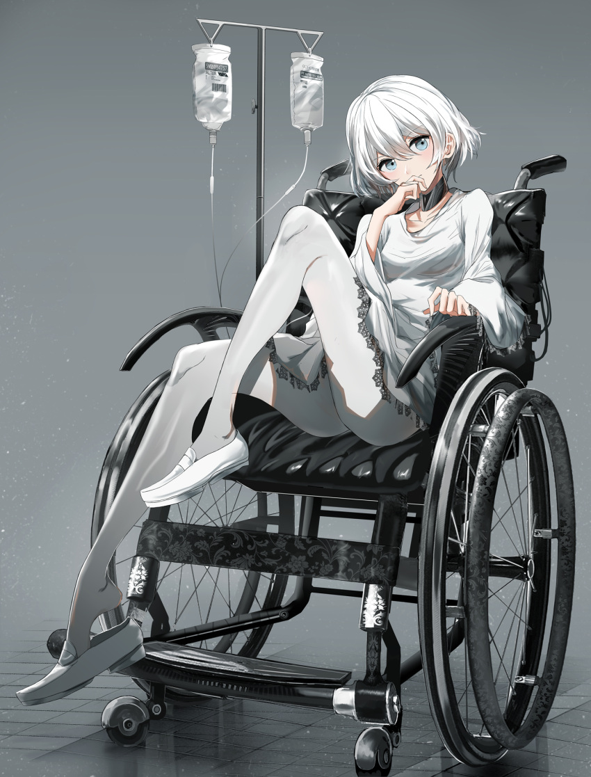 1girl bangs blue_eyes blush breasts closed_mouth collarbone dress eyebrows_visible_through_hair grey_background grey_footwear grey_legwear hair_between_eyes hand_up highres intravenous_drip loafers long_sleeves original pantyhose shoe_dangle shoes silver_hair sitting small_breasts solo swav wheelchair white_dress wide_sleeves