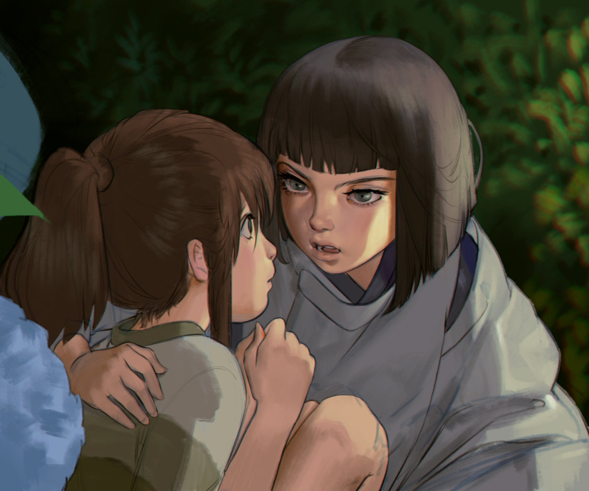 1boy 1girl bangs blunt_bangs clenched_hand commentary couple day english_commentary eye_contact from_side green_shirt han_seung_hee highres lips looking_at_another ogino_chihiro outdoors parted_lips ponytail profile san sen_to_chihiro_no_kamikakushi shirt sunlight teeth