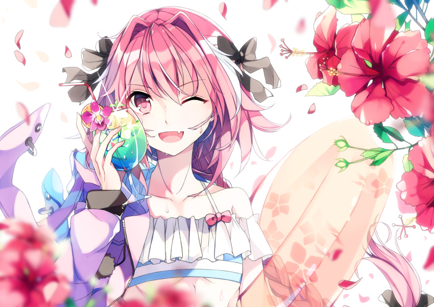 1boy ;d astolfo_(fate) bangs bare_shoulders bikini black_bow black_ribbon blue_bikini blurry blurry_foreground bow braid collarbone cup depth_of_field drinking_glass drinking_straw eyebrows_visible_through_hair falling_petals fang fate/grand_order fate_(series) floating_hair floral_print flower food frilled_bikini frills fruit glint hair_between_eyes hair_bow hair_intakes hair_ribbon head_tilt highres hiyunagi holding holding_cup ice ice_cube innertube jacket long_hair long_sleeves looking_at_viewer male_focus multicolored_hair off_shoulder one_eye_closed open_mouth orange orange_slice otoko_no_ko pink_bow pink_eyes pink_flower pink_hair pom_pom_(clothes) purple_jacket red_flower ribbon shiny shiny_hair single_braid smile solo streaked_hair striped striped_bikini swimsuit upper_body white_background white_bikini wind