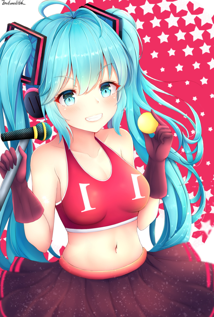 1girl antenna_hair bangs blue_eyes blue_hair blush breasts brown_skirt crop_top endsmall_min eyebrows_visible_through_hair gloves grin hair_between_eyes hair_ornament hatsune_miku headphones highres long_hair looking_at_viewer medium_breasts microphone midriff navel pleated_skirt red_gloves sidelocks signature skirt smile solo star twintails v-shaped_eyebrows very_long_hair vocaloid