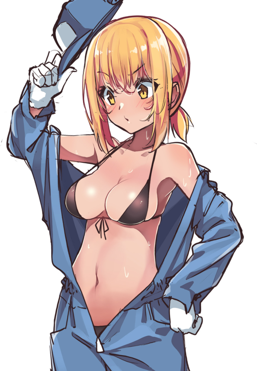1girl arm_up armpits bangs bare_shoulders black_ribbon blue_hat blush closed_mouth collarbone copyright_request cowboy_shot eyebrows_visible_through_hair front-tie_bikini front-tie_top gloves hand_on_hip hat hat_removed headwear_removed highres holding holding_hat konnyaku_(kk-monmon) looking_away looking_down low_ponytail navel open_clothes orange_eyes orange_hair partially_unzipped pouty_lips ribbon shiny shiny_hair short_sleeves sidelocks simple_background solo stomach strap_gap v-shaped_eyebrows white_background white_gloves