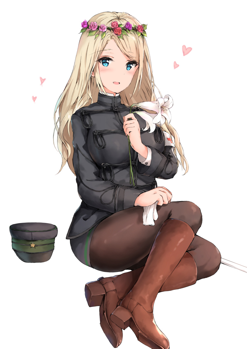 1girl absurdres bangs blonde_hair blue_eyes blush boots breasts brown_legwear flower full_body gloves gloves_removed hair_flower hair_ornament hat hat_removed headwear_removed heart high_heels highres holding holding_flower holding_gloves imperial_japanese_army imperial_japanese_navy jacket knee_boots lily_(flower) looking_at_viewer military military_jacket open_mouth original pantyhose parted_bangs pink_flower pink_rose purple_flower purple_rose red_cross red_flower red_rose rose shirt simple_background sitting star star_print syotastar uniform wavy_hair white_background white_shirt